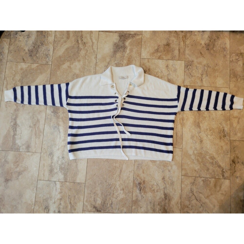 Nautical Beachy LOFT Ivory & Blue Cropped Sweater Collar Tie Front